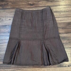 Vintage Brown Linen Midi Skirt Petites Size‎ 8 Panel Pleat Cottagecore Prairie